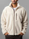 Mens Solid Stand Collar Zip Front Fleece Casual Jacket Winter - White