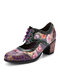 Socofy Women Vintage Floral Print Leather Patchwork Adjustable Lace Up Chunky Heel Mary Jane Pumps - Purple