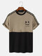 Mens Smile Face Geometric Print Patchwork Knit Short Sleeve T-Shirts - Apricot