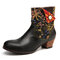Retro Folkways Flower Pattern Stitching Genuine Leather Comfy Low Heel Boots - Black