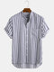 Mens Thin & Breathable Vertical Pinstriped Stand Collar Short Sleeve Shirt - Navy