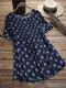 Allover Print Crew Neck Pleated Short Sleeve Cotton Blouse - Navy