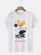 Mens Cartoon Bear Skateboard Print Crew Neck Cotton Preppy Short Sleeve T-Shirts - White