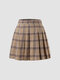 Plaid Print Pleated Casual Skirt - Khaki
