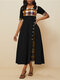 Women's Plaid Patched Irregular Pleated Short Sleeves Maxi Dress - Black