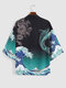 Mens Wave Animal Print Japanese Style 3/4 Sleeve Kimono - Black