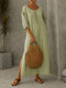 Vintage Solid Color O-neck Patchwork Casual Maxi Dress With Pocket - Green