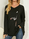 Cat Print Long Sleeves V-neck Casual T-shirt For Women - Black