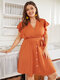 فستان متوسط الطول بأكمام قصيرة ورباط بأزرار سادة مقاس كبير - البرتقالي