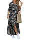Leopard Print Lapel Button Plus Size Dress with Pockets - Grey