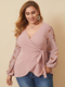 Floral Print V-neck Lantern Sleeve Knotted Plus Size Blouse for Women - Pink