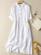 Solid Button Front Lapel Short Sleeve Women Dress - White