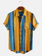 Mens Vintage Oli Painting Striped Casual Chest Short Sleeve Shirts - Blue
