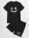 Mens Funny Smile Print 100% Cotton Casual Two Piece Outfits - Black