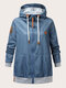 Plus Size Casual Patchwork Zip Front Pocket Hooded Coat - Navy