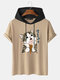 Camisetas masculinas fofas de gato com estampa japonesa manga curta com cordão e capuz - Cáqui