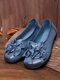Socofy Genuine Leather Handmade Stitching Casual Slip-On Soft Comfy Knotted Flowers Flat Shoes - Blue