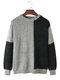 Mens Color Block Patchwork Rib-Knit Cotton Casual Long Sleeve Sweaters - Black