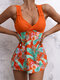 Women Tropical Leaves Patchwork Ruffle Hem Pleats Padded Bikinis Swimsuits - Orange