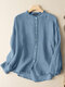 Solid Long Sleeve Button Front Crew Neck Blouse - Blue