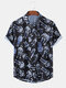 Mens Astronaut Pattern Print Short Sleeve Light Summer Shirts - Black