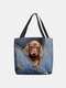 Women Dog Pattern Printing Large Capacity Shoulder Bag Handbag Tote - Blue