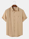 Mens Pleated Button Pocket Solid Color Cotton Short Sleeve Shirts - Khaki