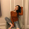 Long-sleeved Sweater Slim Slim Bottoming Drawstring Top Turtleneck Tight Sweater - Orange