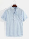 Mens Pinstripe High Low Split Casual Cotton Short Sleeve Henley Shirts - Blue