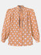 Dot Print Puff Long Sleeve Loose Knotted Blouse For Women - Orange