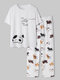 Plus Size Women Cute Cartoon Cat Print O-Neck Short Sleeve Pajamas Sets - White