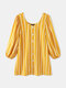 Striped Print Crew Collar Button Lantern Sleeve Plus Size Blouse for Women - Yellow