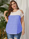 Plus Size Lace Stripe Cold Shoulder Short Sleeves T-shirt - Blue