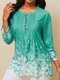 Printed Pleated O-neck Button Long Sleeve Blouse - Green