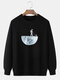 Mens Cotton Solid Color Space Chest Print Loose Casual Crew Neck Sweatshirt - Black
