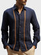 Camisas masculinas de lapela listrada com botões casuais de manga comprida - Azul escuro