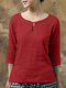 Women Plain Button Detail Cotton 3/4 Sleeve Blouse - Red
