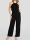 Solid Color Ruffle Halter Long Sleeveless Casual Jumpsuit for Women - Black