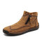 Men Hand Stitching Side Zipper Comfy Soft Ankle Boots - Brown
