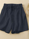 Women Solid Tie Waist Cotton Casual Shorts With Pocket - Dark Blue