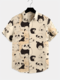 Mens Allover Cartoon Animal Print Lapel Short Sleeve Shirts - Apricot
