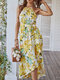 Holiday Flower Print Belt Sleeveless Ruffle Irregular Dress - Yellow