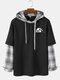 Mens Panda Print Plaid Stitching 2 In 1 Casaul Long Sleeve Hooded T-Shirts - Black