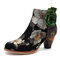 SOCOFY Green Flower Genuine Leather Splicing Zipper Elegant High Heel Ankle Boots - Black