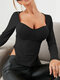 Women Solid Color Square Collar Long Sleeve Slit Hem T-Shirt - Black