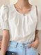 Puff Sleeve Solid Crew Neck Blouse For Women - White