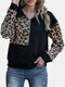 Leopard Zip Front Lapel Collar Long Sleeve Teddy Sweatshirt - Black