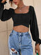 Solid Tie Back Square Collar Long Sleeve Crop Top - Black