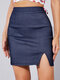 Plain Slit Hem High Wist Mini Skirt - Blue