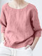 Women Solid Crew Neck 3/4 Sleeve Casual Blouse - Pink